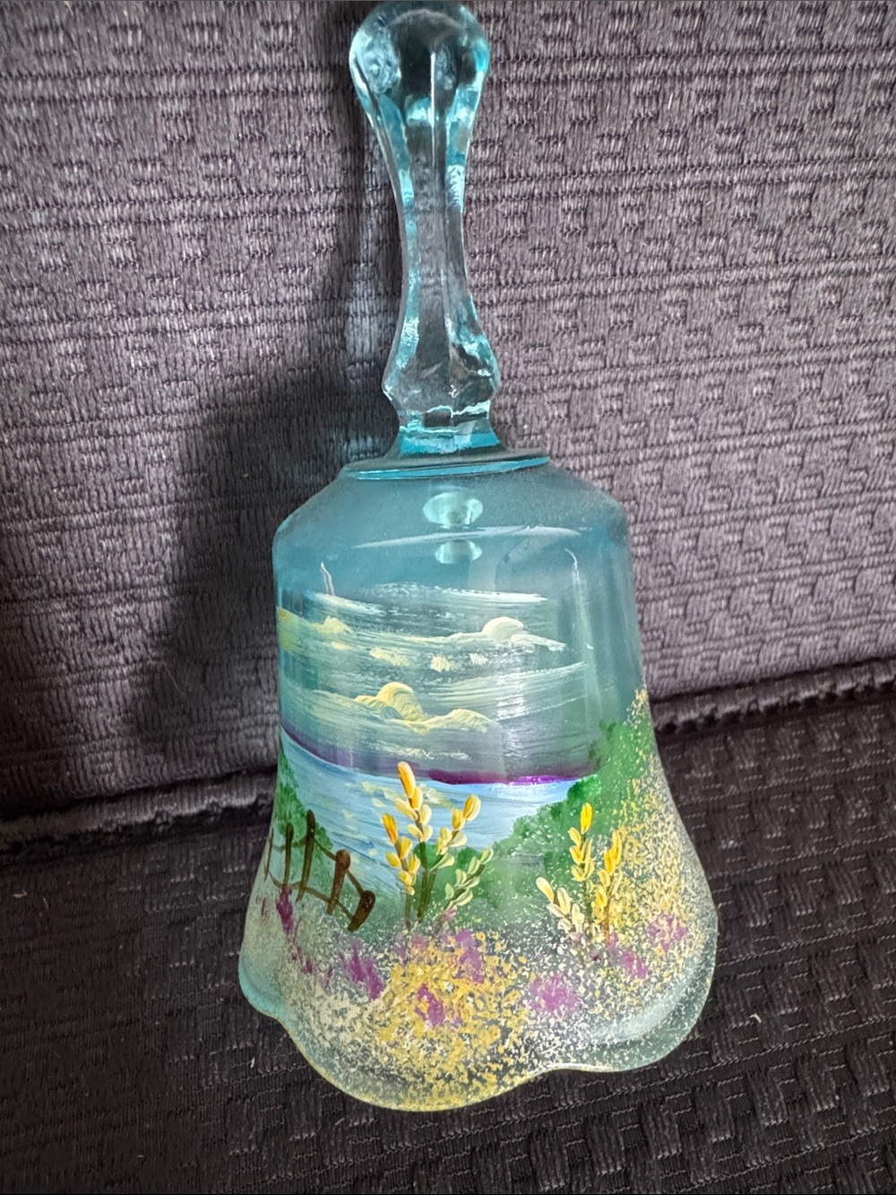 Fenton Art Glass bell featuring the "Vermont Sky" hand-painted design